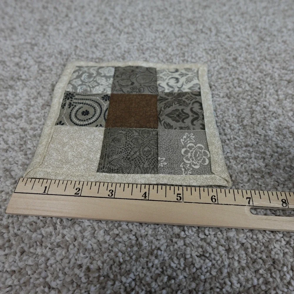 Handmade Quilted 9 Patch Mug Rug Set 2 Cream Grey Brown Cotton Coasters 6x6.5