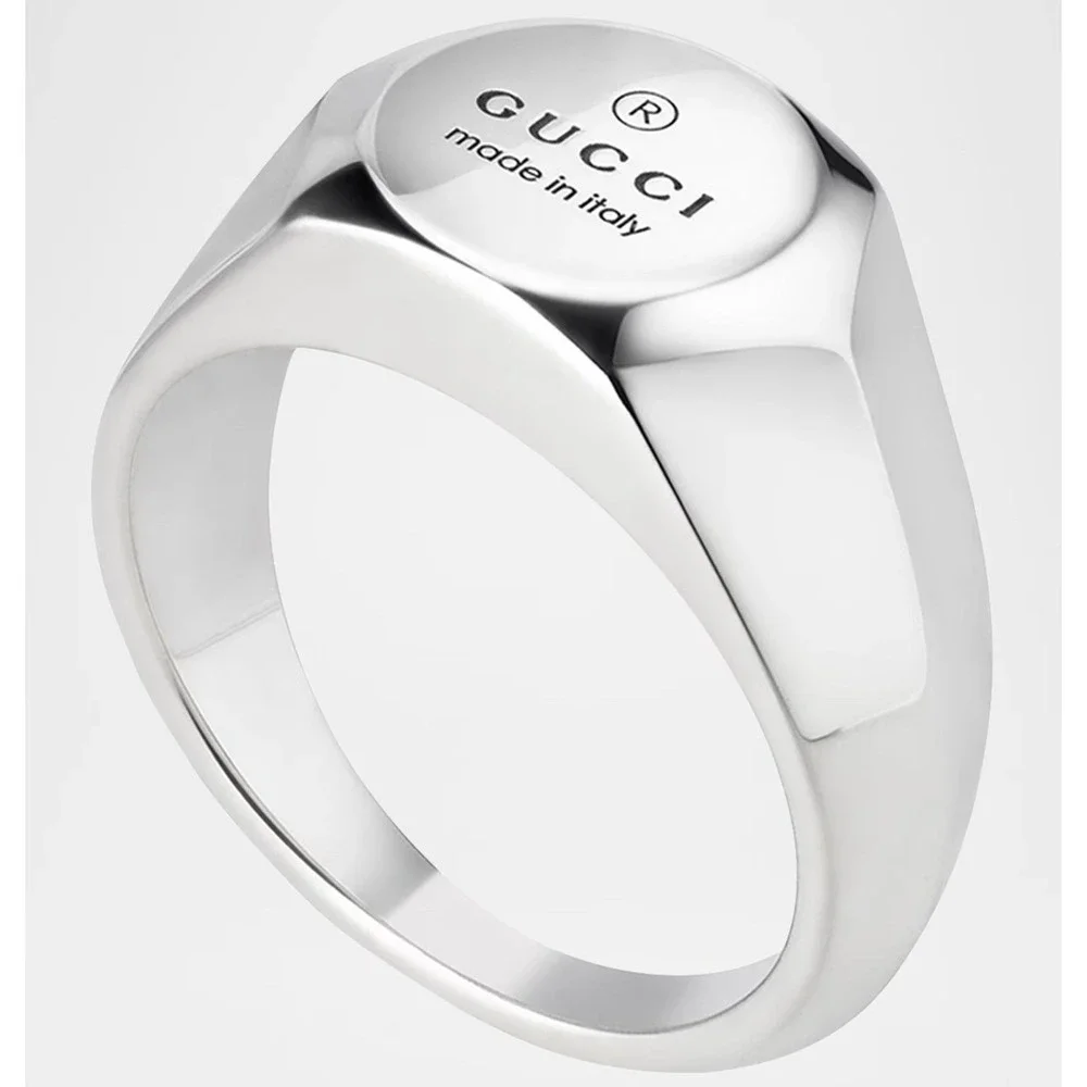 Gucci Sterling Silver Trademark Plate Band Ring 779162, Sz 15 (US 7.25)
