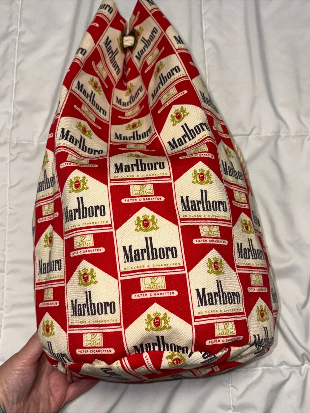 Marlboro Print Red and White Drawstring Bag Vintage Lined