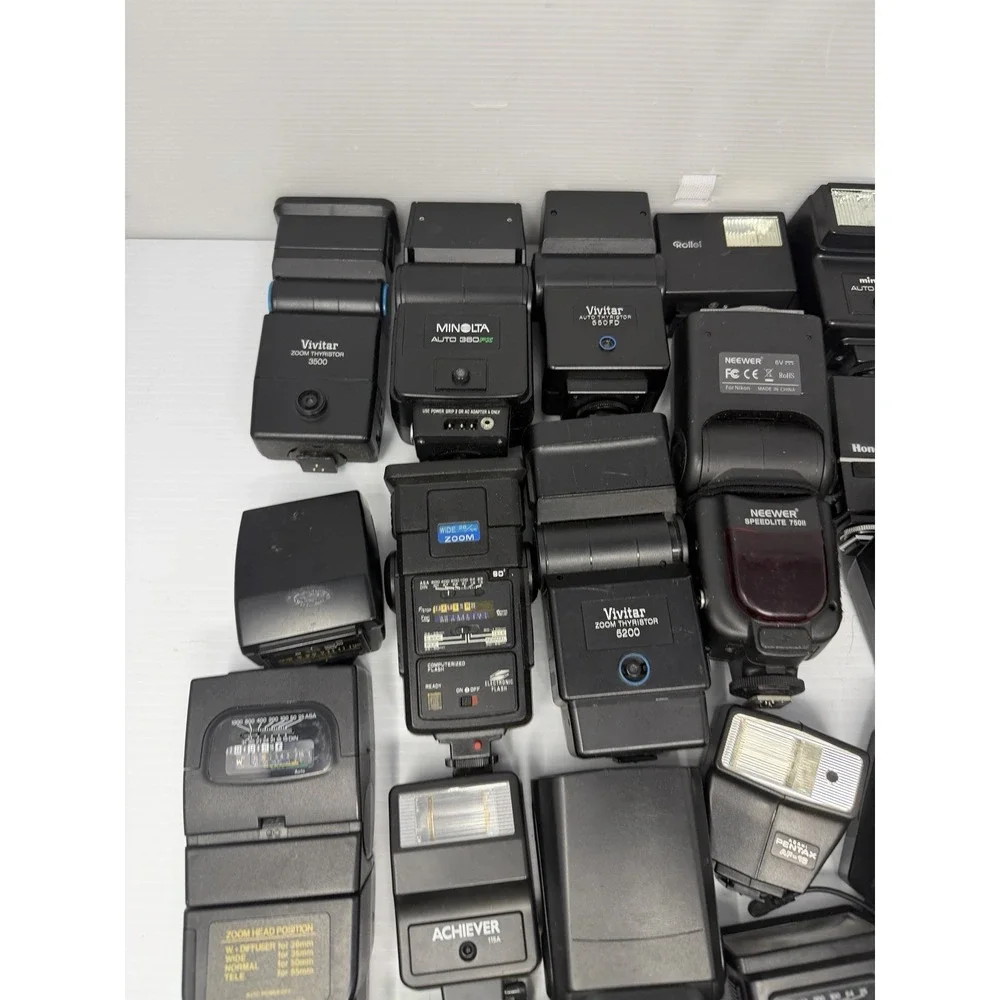 HUGE Camera Flash, Lens, And Body Lot. 21 Flashes, 3 Cameras, 8 Lens FOR PARTS