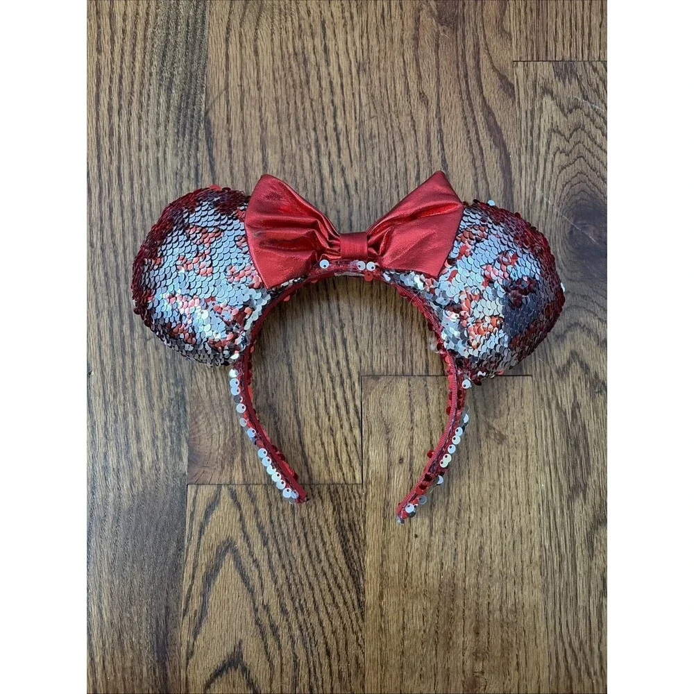 Disney Minnie Mouse Holiday Sequined Ear Headband - Red & Silver With Red Bow