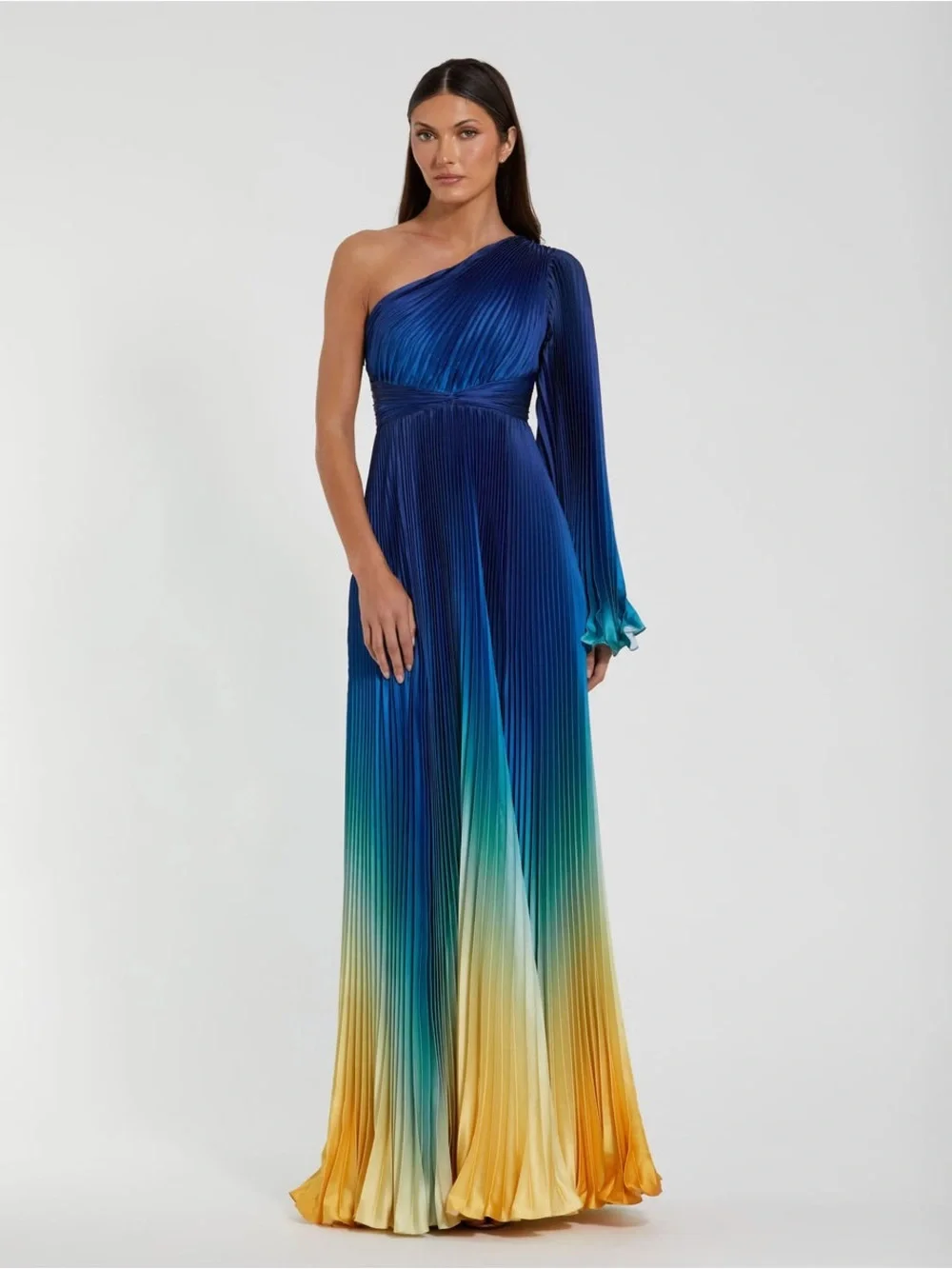 Mac Duggal 49903 Blue Pleated Charmeuse One Shoulder Ombre Gown Size 14 NWT