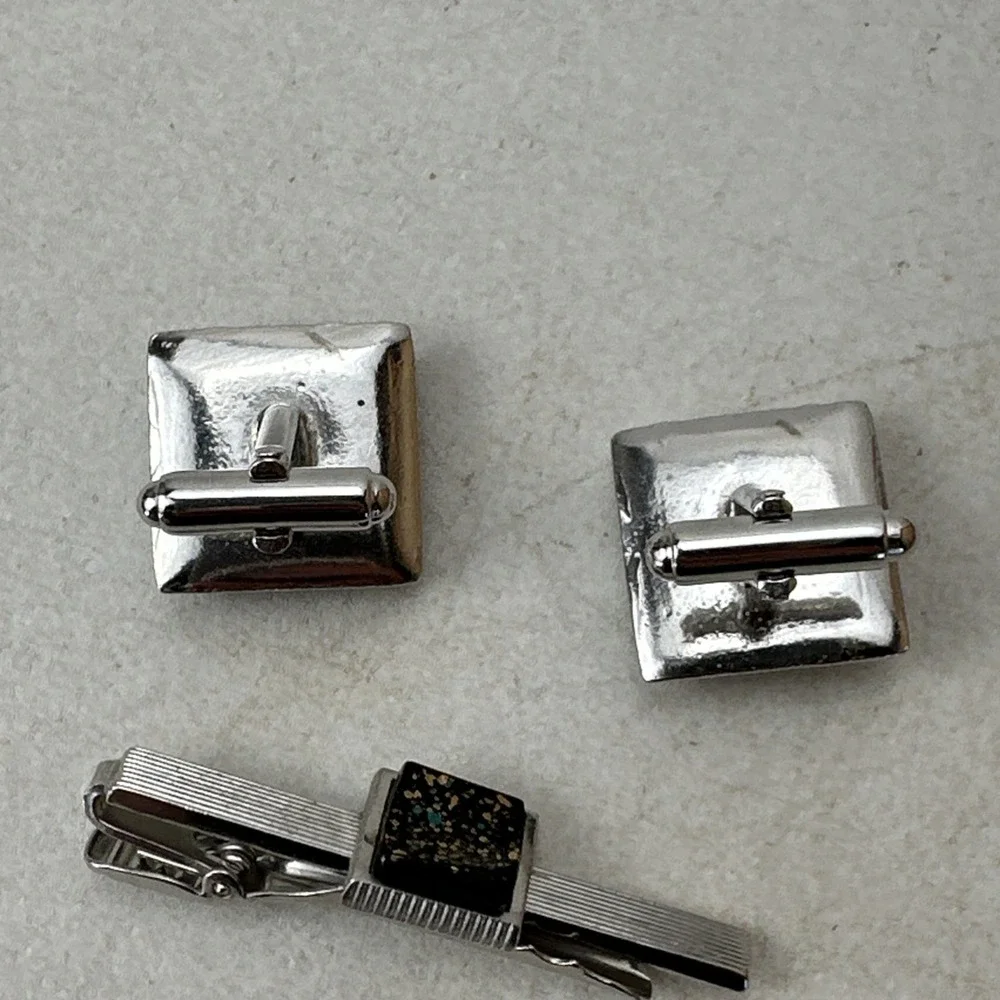 Vintage Anson Cufflinks & Tie Clip Set Silver Black Gold Turquoise Flakes