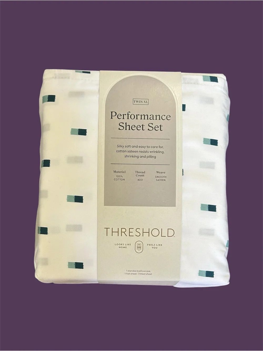 Threshold White Cotton Sateen Sheet Set with Blue Rectangle Print
