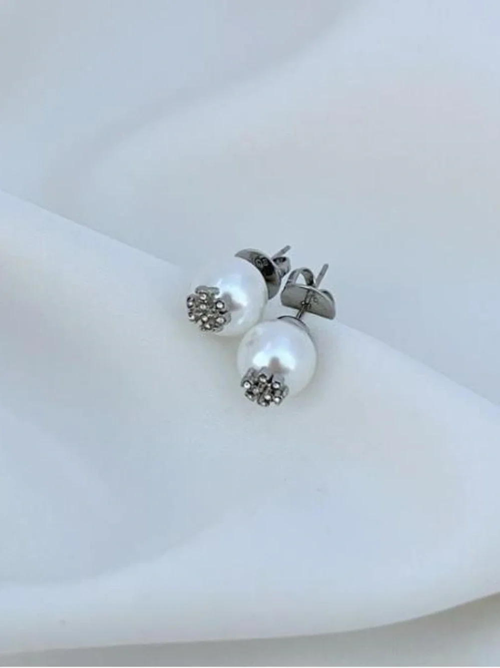 Tory Burch White Pearl Stud Earrings with Silver Crystal Caps