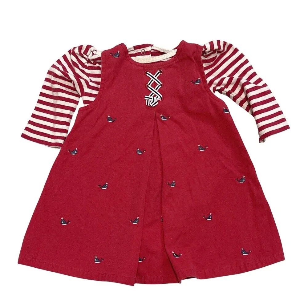 Gymboree Vtg‎ 2003 Whale Watching Embroidered Dress Size 6-12 Months Stripes Red