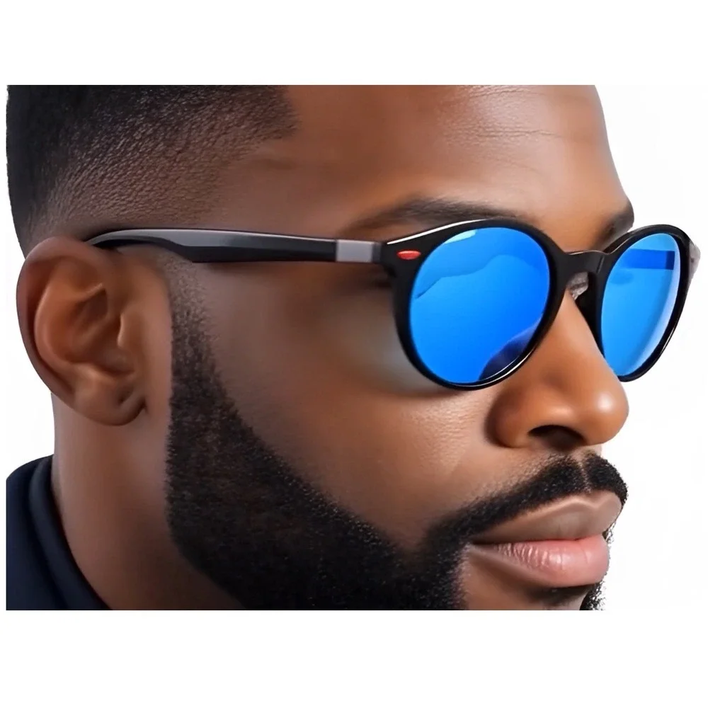 Mens Round Sunglasses Polarized Blue Mirror Lenses Black Frame Sporty Style 2026