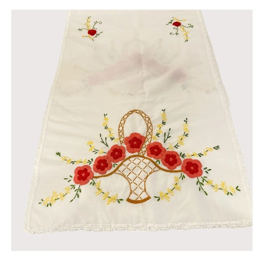 Embroidered‎ Linen Floral Basket Tea Towel Vintage Charm Kitchen Hand Towel
