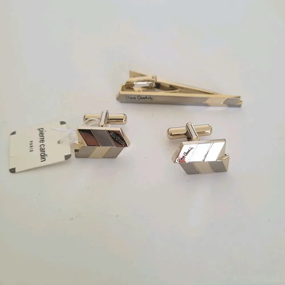 Pierre Cardin‎ Gold Silver Tone Logo Cufflinks Tie Bar Clasp Vintage Geometric