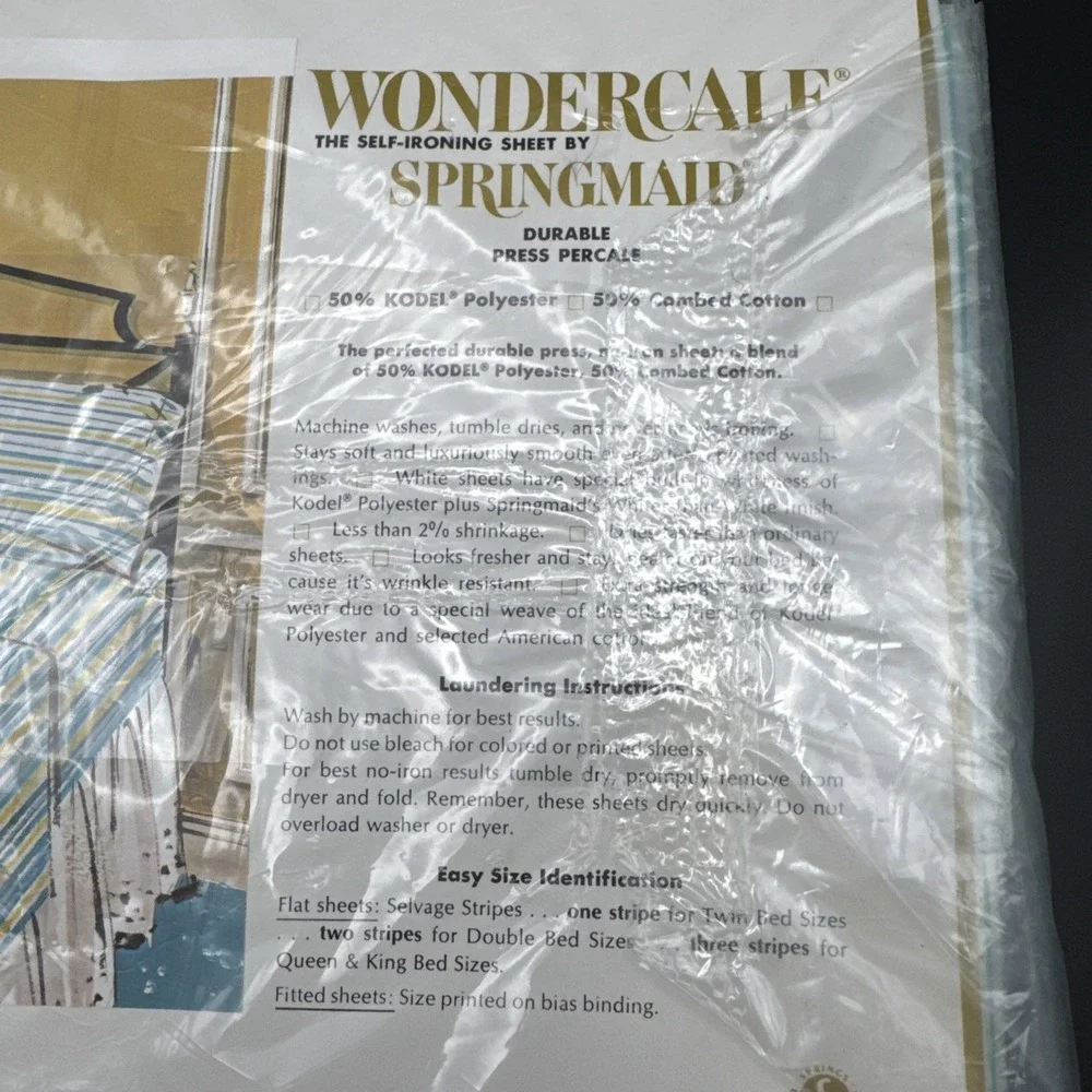 Vintage Springmaid Combed Percale Sheet Retro Stripes FULL FLAT Aqua Blue Fabric