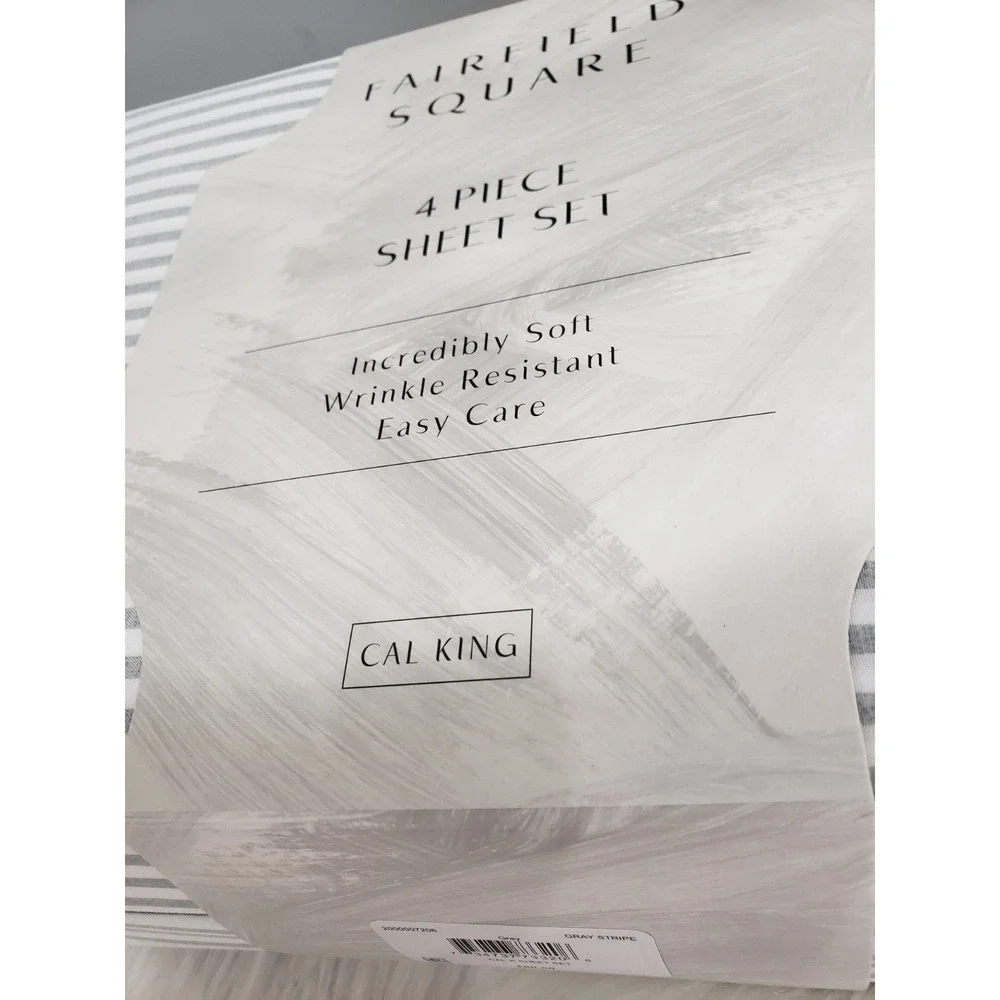GRAY WHITE STRIPE FAIRFIELD SQUARE 4 PIECE SHEET SET CALIFORNIA KING CALI FITTED
