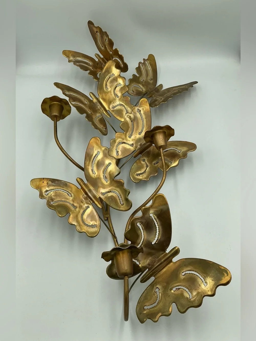 Vtg MCM Metal Art Brass Butterflies Wall Hanging 3 Candle Sconces 24” x 11” EUC
