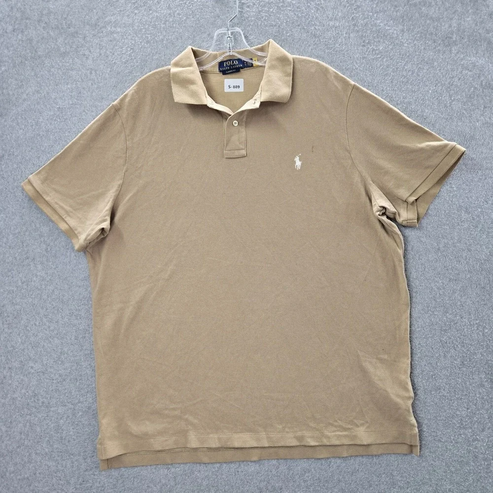 Polo Ralph Lauren Men Polo Shirt XL Beige Logo Split Side Hem Pony Classic READ