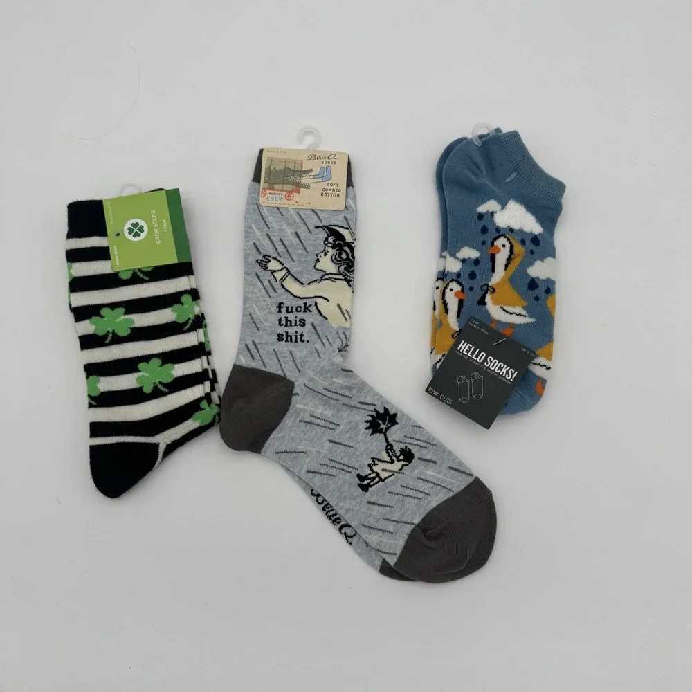 Novelty Crew Socks Lot 3 Blue Q‎ Shamrock Ducks Funny Womens 4-10 NWT