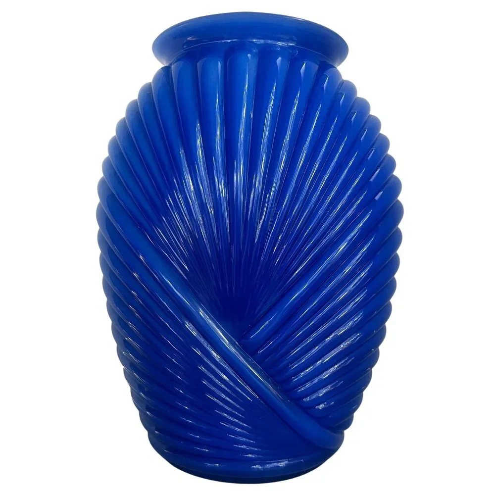 Vintage Glass Vase Blue Swirl Ribbed Decorative Art Deco Boho Contemporary‎ 10