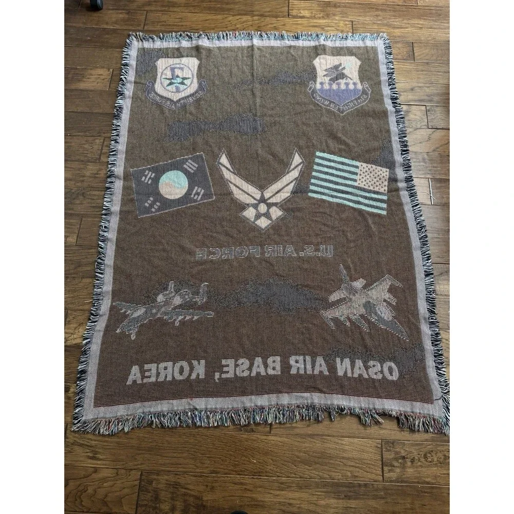 vtg United States Air Force vintage throw blanket woven fringe 74 X52 USAF Korea