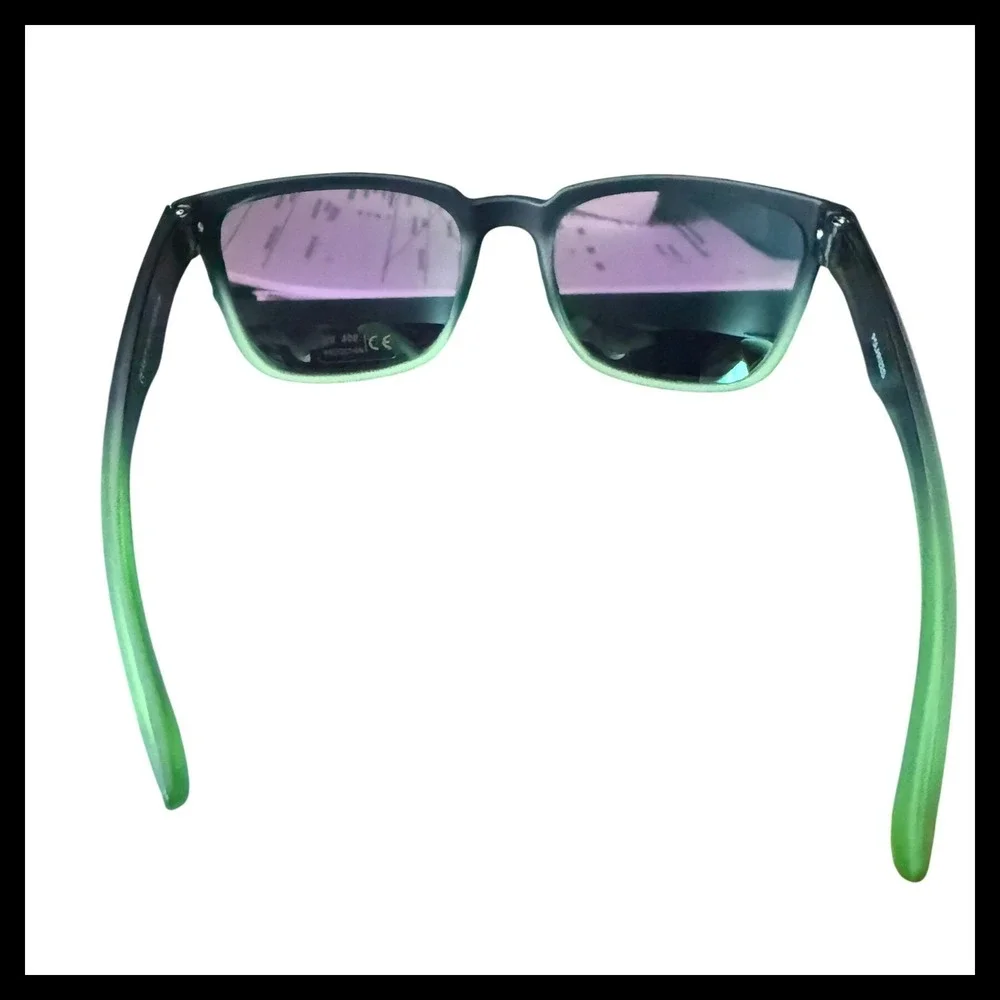 NWOT Polarized Green Mirror‎ Sunglasses Black Lime Gradient Square Frame UV400