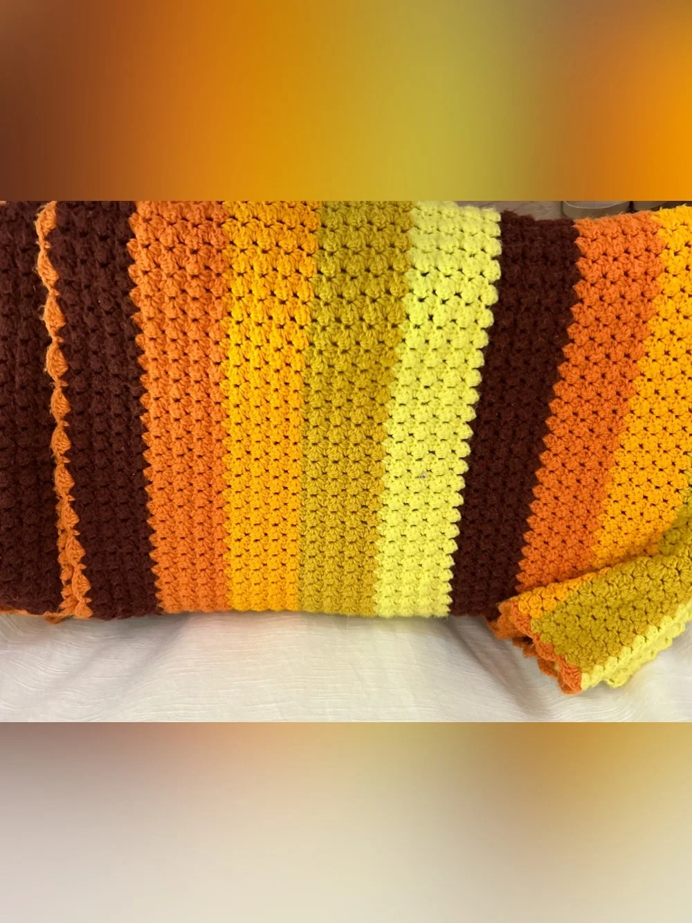Vintage Circa 1970's Handmade Crochet Throw in Warm Sunset Stripes‎