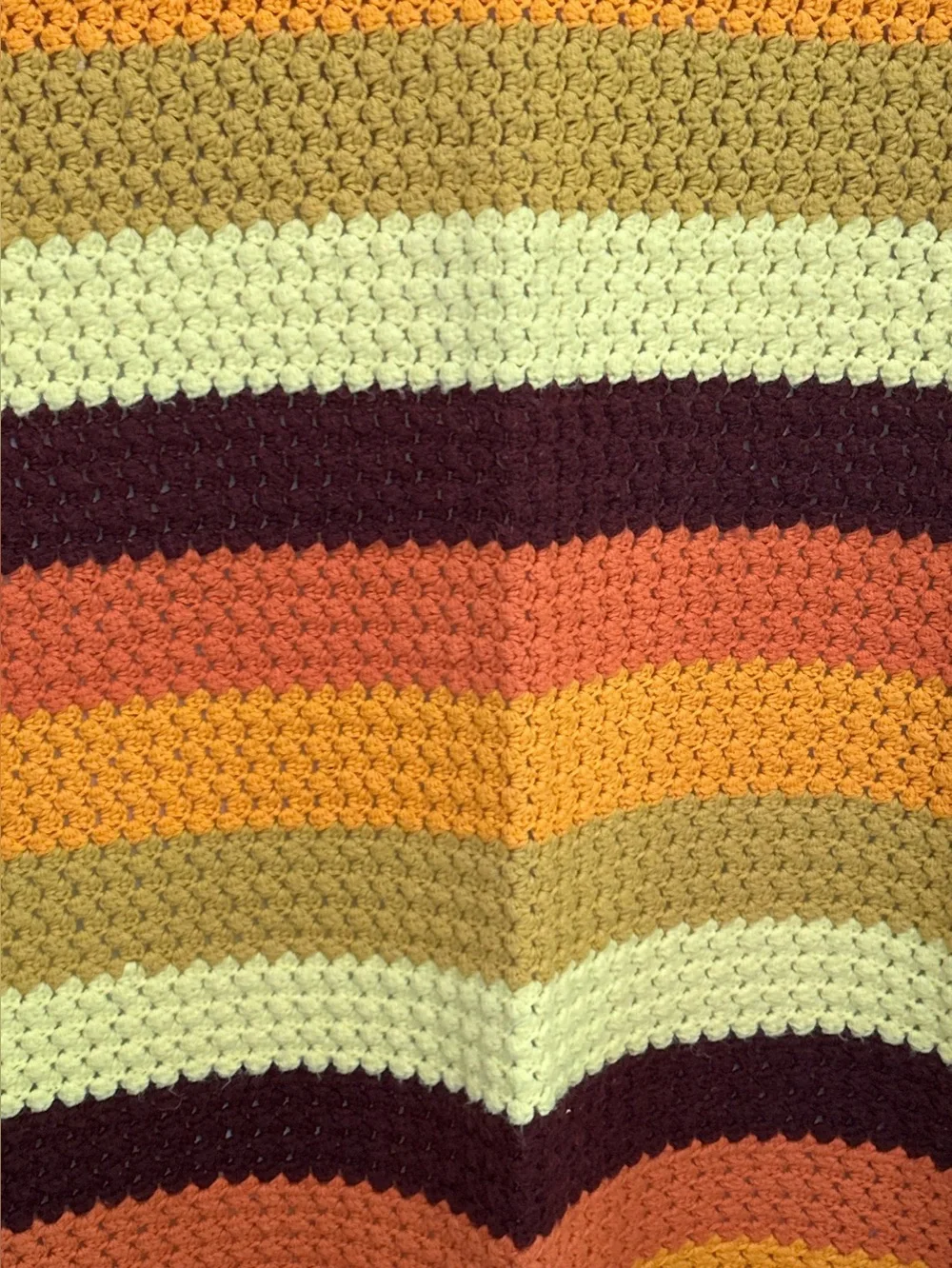 Vintage Circa 1970's Handmade Crochet Throw in Warm Sunset Stripes‎