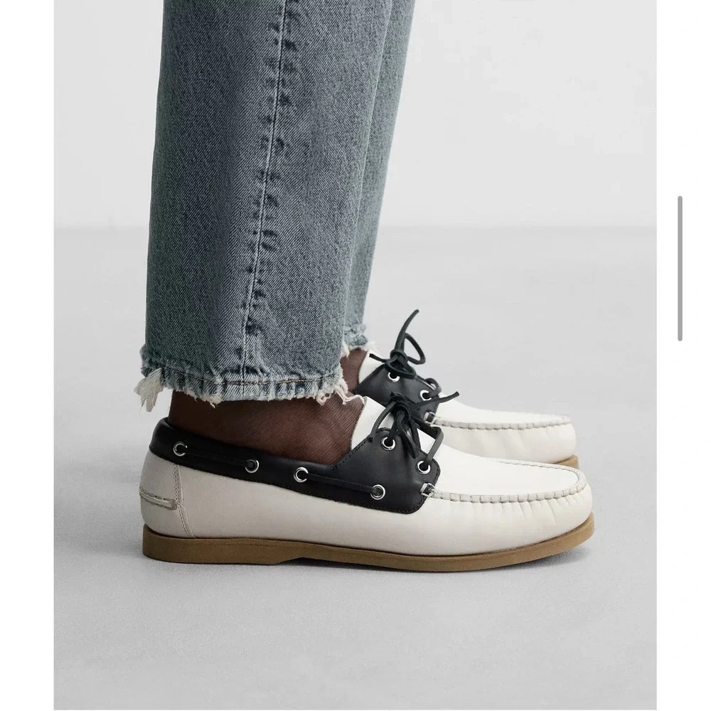 Zara Man Leather Deck Shoes Limited Edition White Navy US 11‎ EU 44 NWT Casual