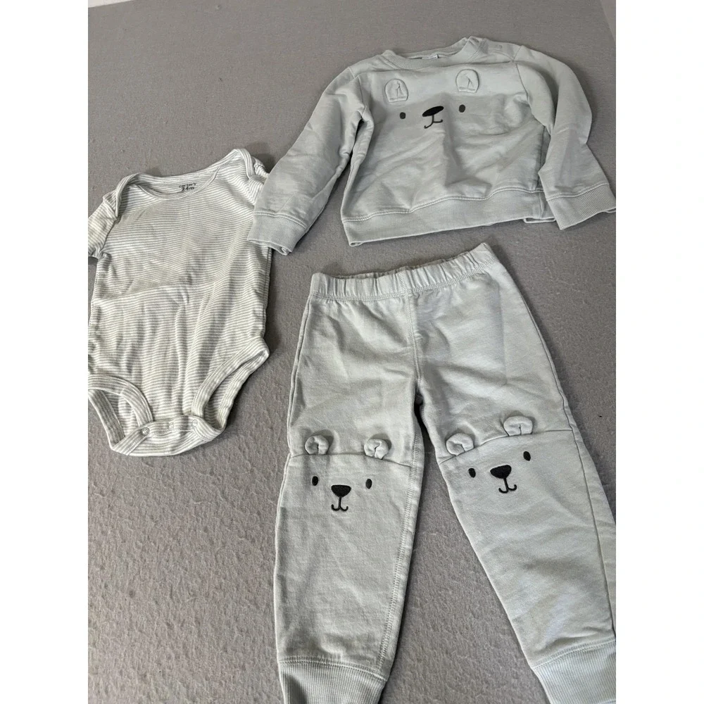 Carters Outfit Set Baby 24 Months 3 Piece Green Bear Sweatshirt Pants Bodysuit‎