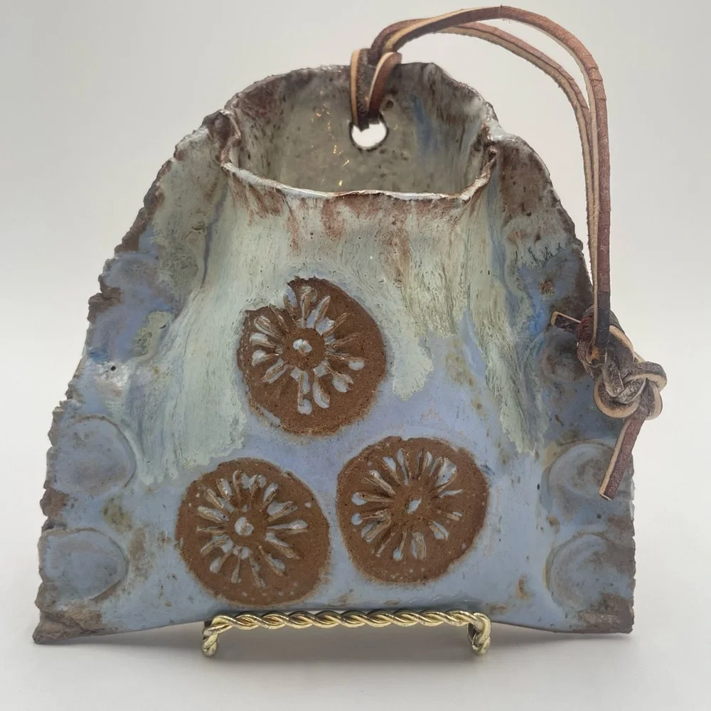 Vintage Pottery Wall Pocket handcrafted Studio Art Blue Floral Heithoff 1976