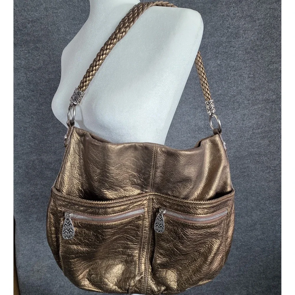 Vintage Brighton Bronze Metallic Leather‎ Hobo Large Bag Braided Strap Shoulder