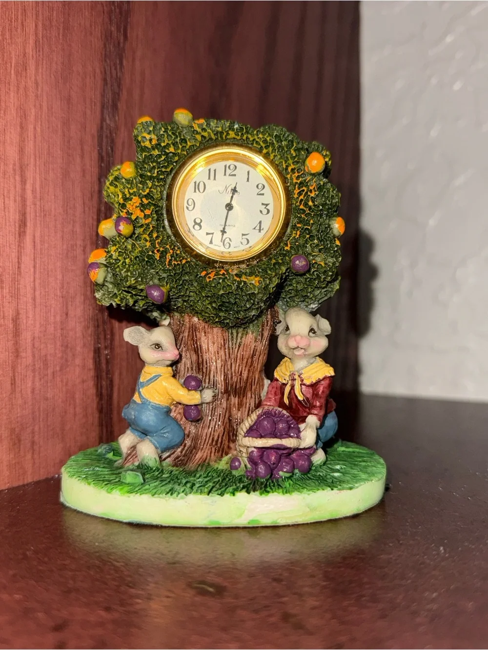 Whimsical Green Tree Clock Figurine with Rabbits