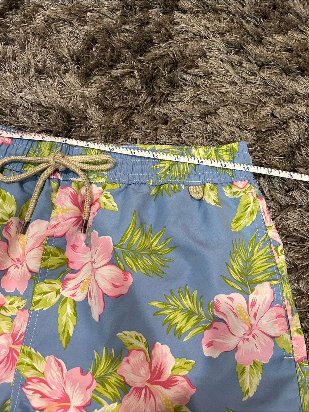 Polo Ralph Lauren Men's Blue Tropical Floral Swim Trunks with Pink Hibiscus L