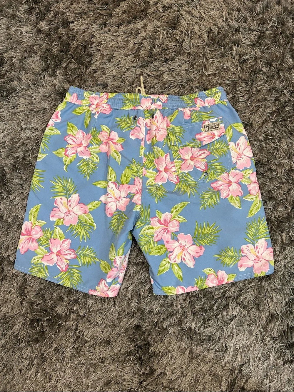 Polo Ralph Lauren Men's Blue Tropical Floral Swim Trunks with Pink Hibiscus L