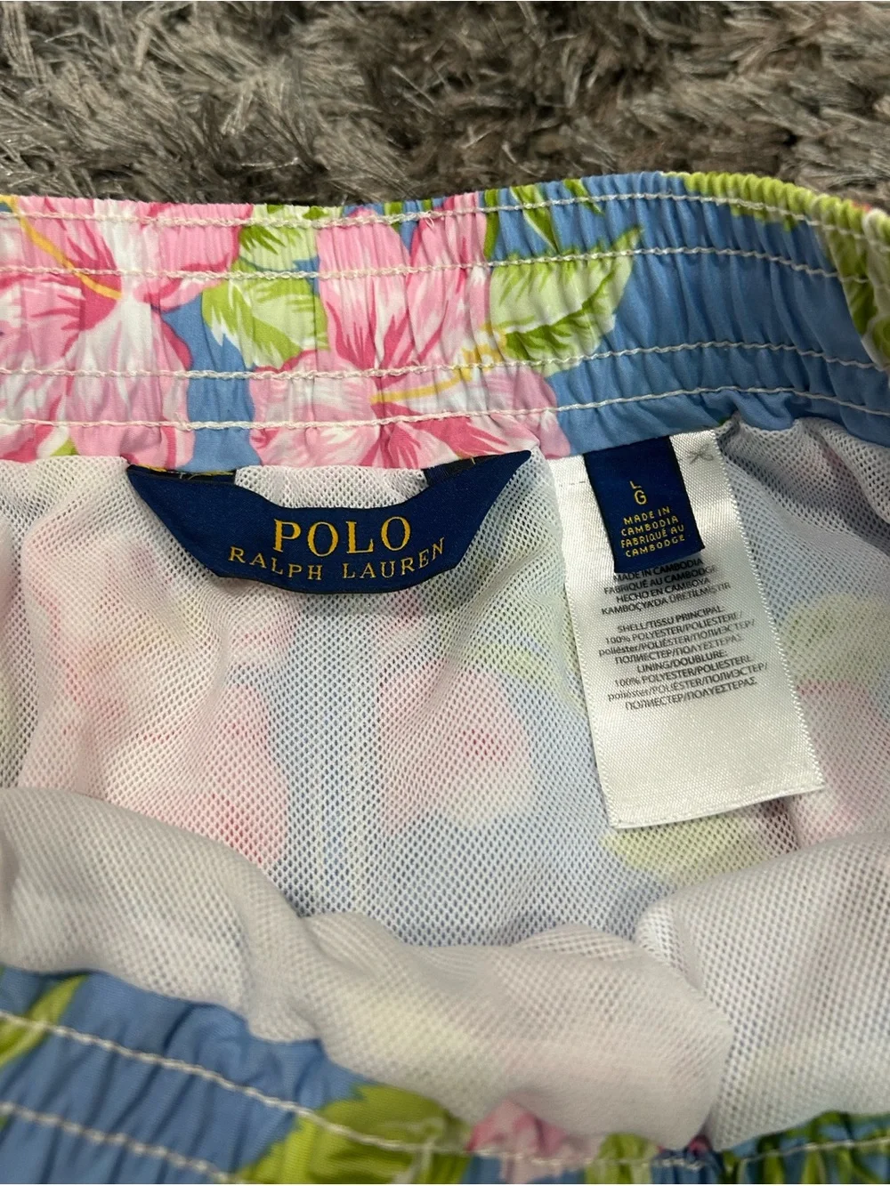 Polo Ralph Lauren Men's Blue Tropical Floral Swim Trunks with Pink Hibiscus L
