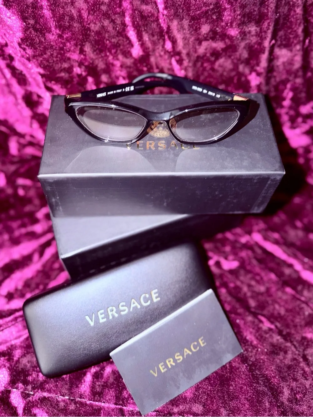 Versace Black Cat-Eye Glasses with Gold Temple Medusa Accent