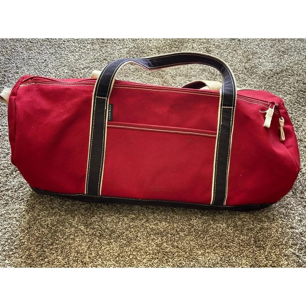 Lands End Duffel Bag Red Good Canvas Nautical Weekend Travel Carry On
