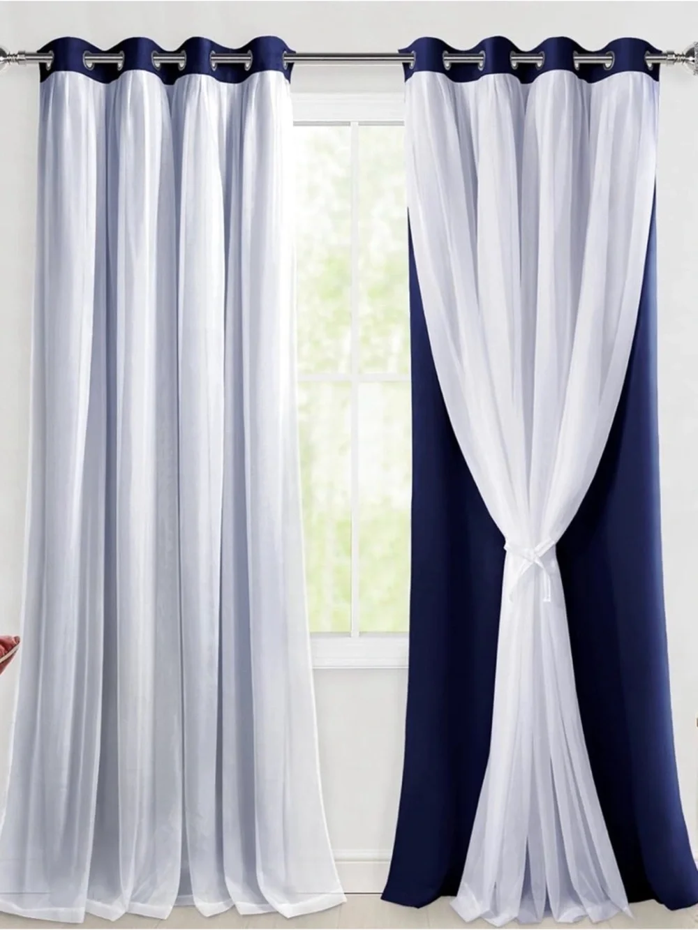 Navy Blackout Curtains with White Sheer Overlay Thermal Insulated 2 Drapes