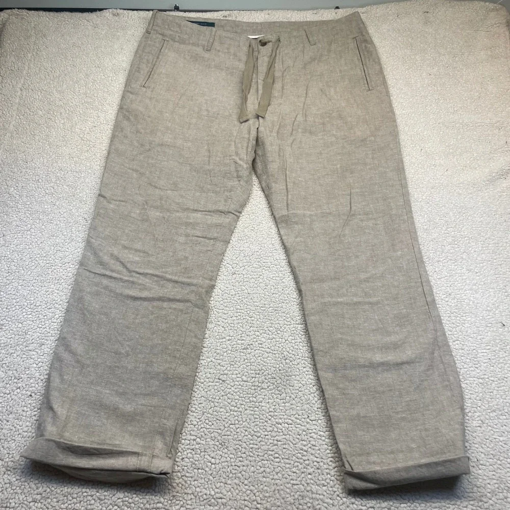 Perry Ellis Pants Mens 38x32 Tan Linen Cotton Drawstring Straight Leg Casual