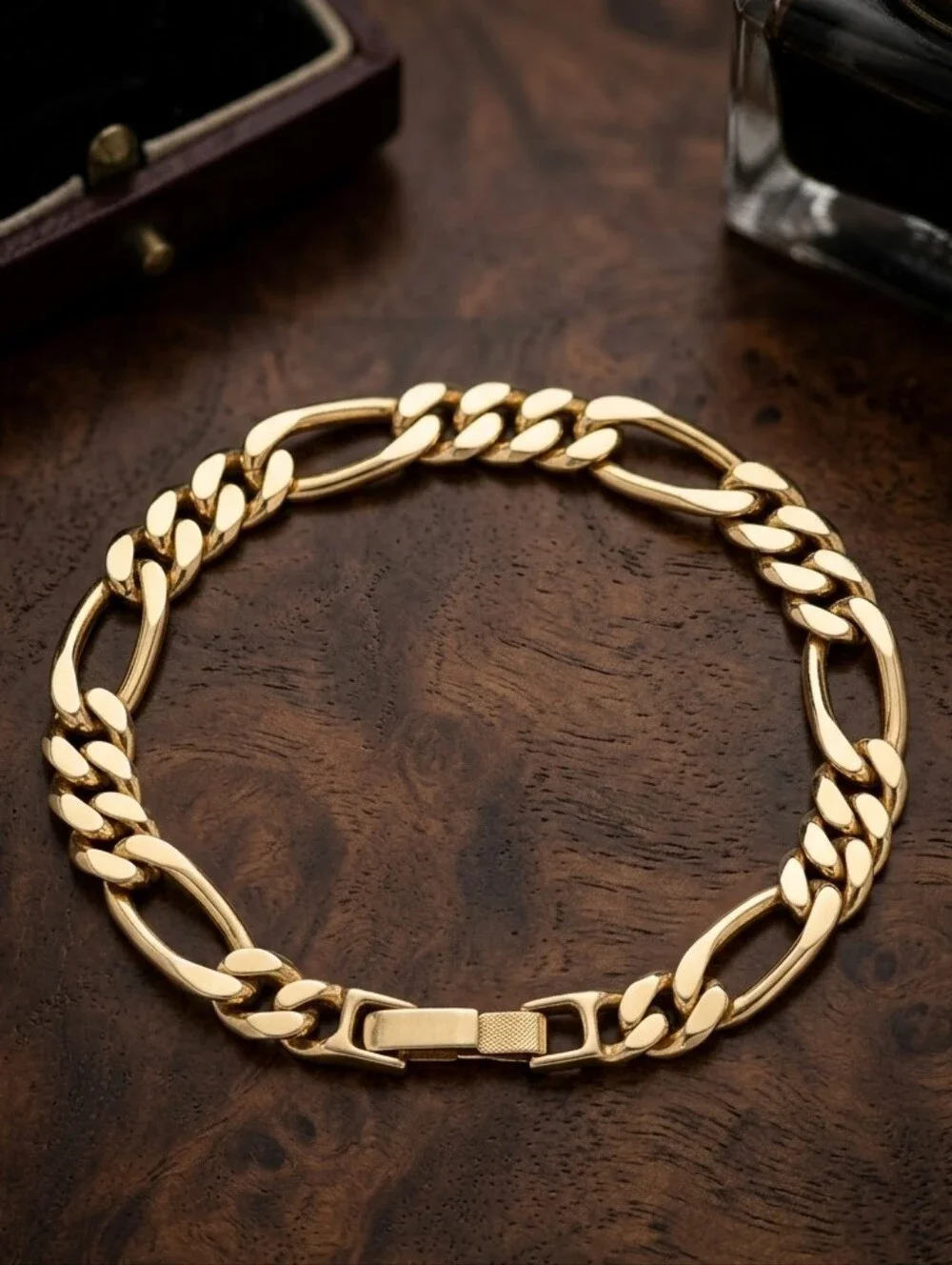 Men's Gold Toned Figaro Chain Bracelet Polished Gold Men's Jewelry