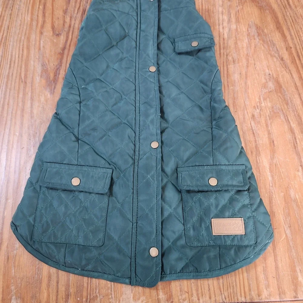 Heart to Tail Quilted Barncoat Dog Jacket Green Zip Snap Pockets Flannel Lined L