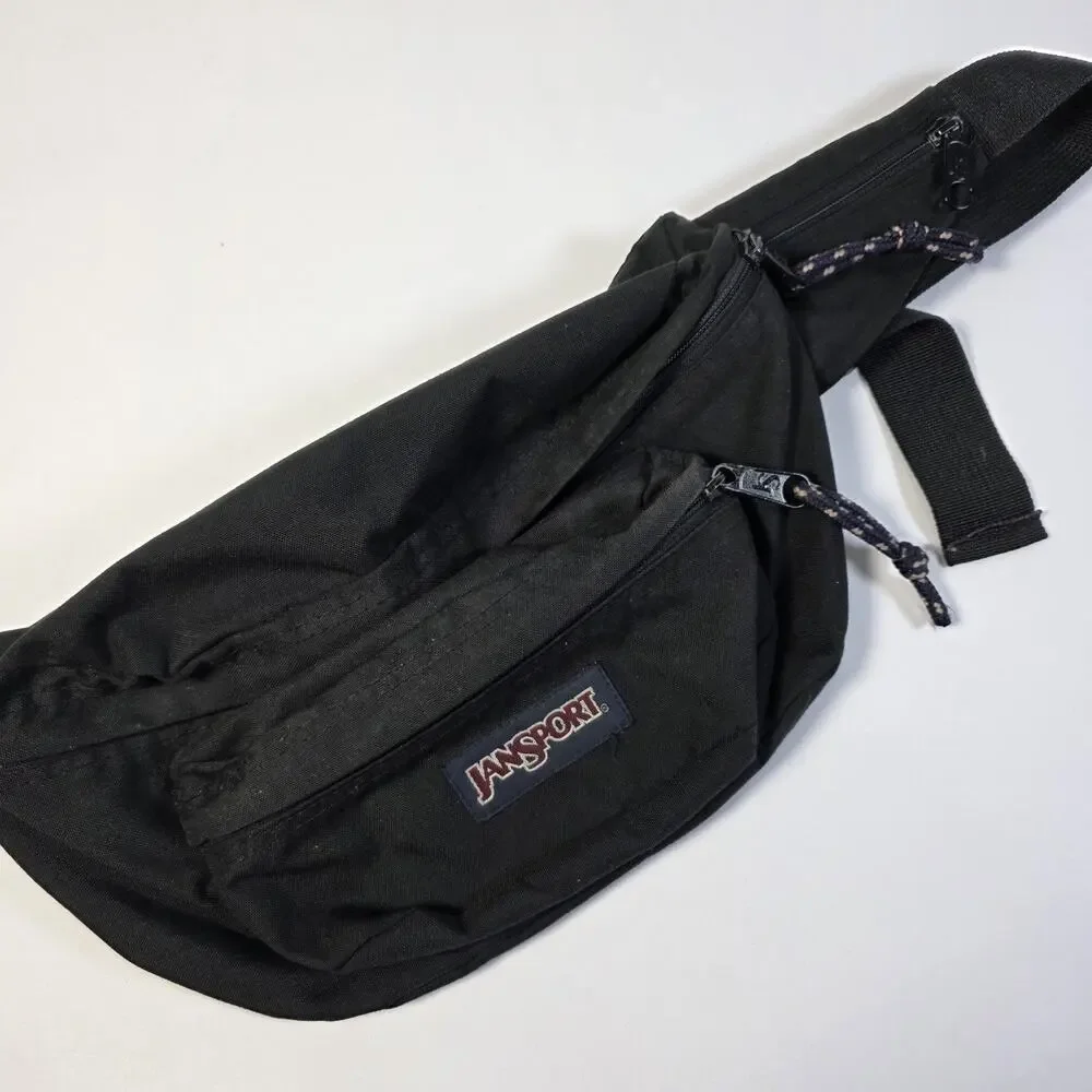 Vintage Jansport Fanny Pack Made In USA Black Nylon Waist Bag 90s Hip Pack