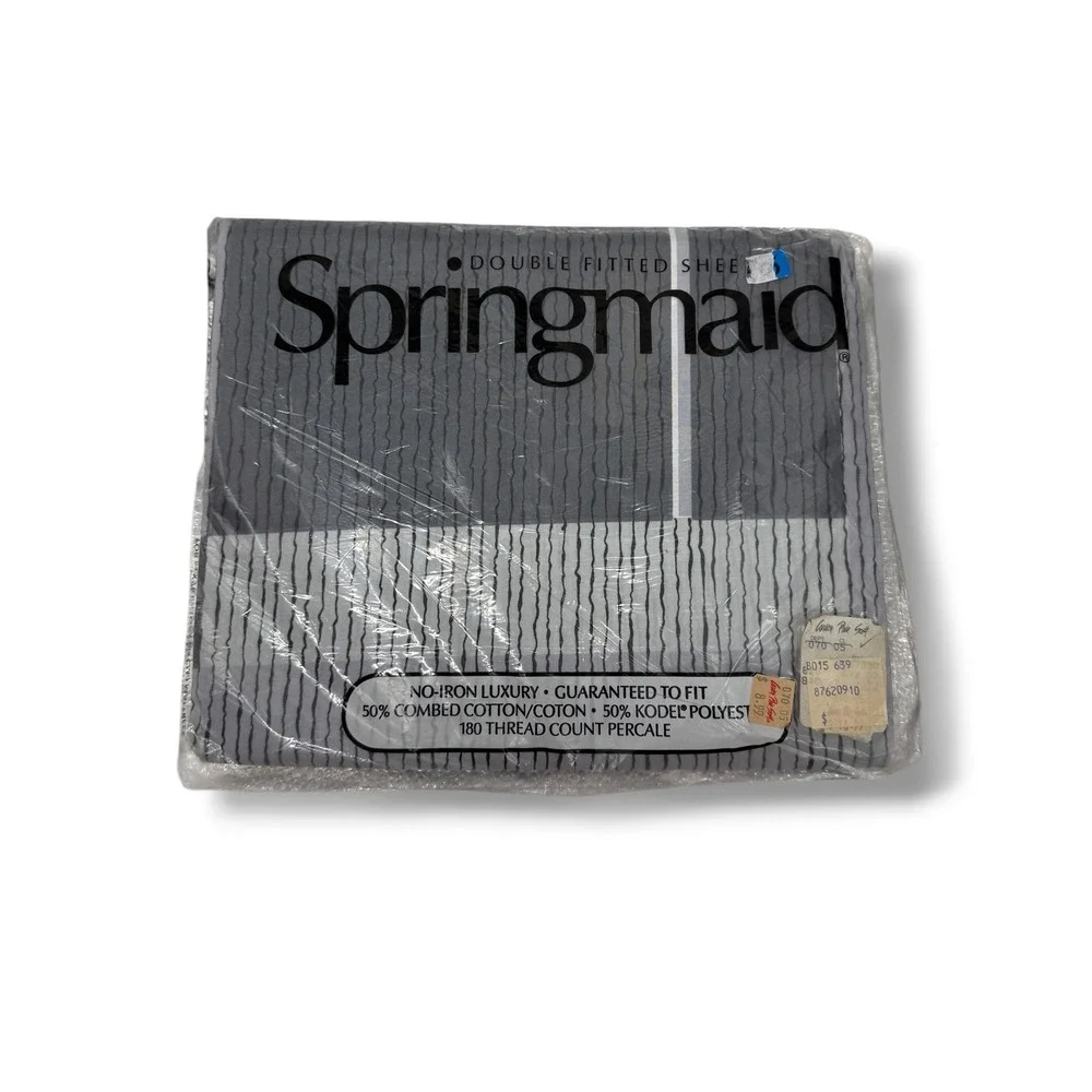 Springmaid Double‎ Full Fitted Sheet Gray Stripe Percale USA Vintage NIP NOS