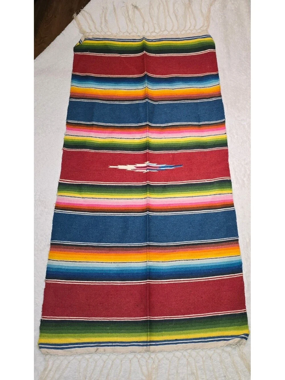 Vintage Mexican Saltillo Serape Wool Rug Runner 22x40 Handwoven Fringe