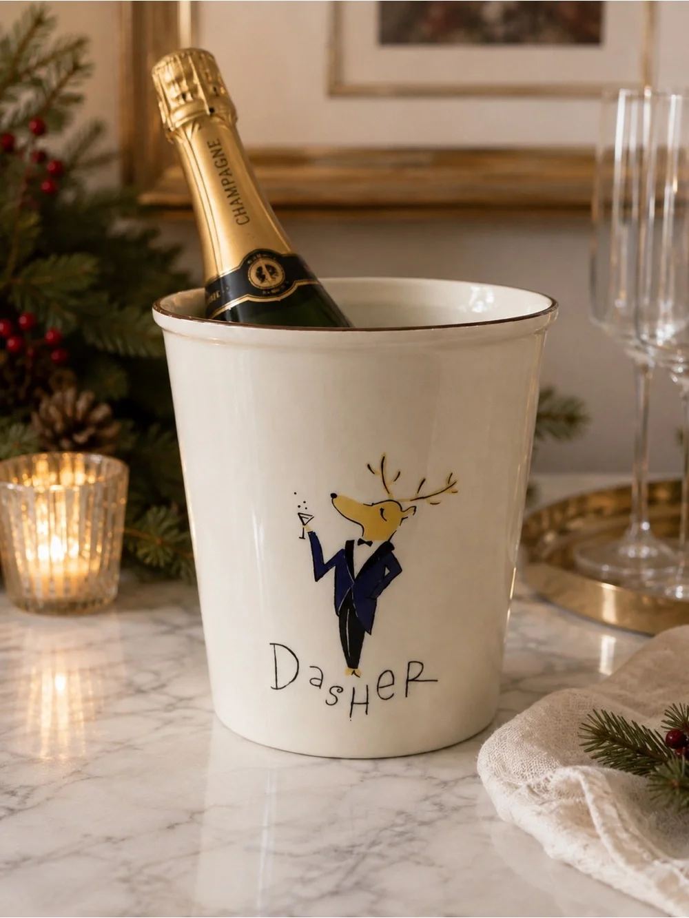 Pottery Barn Reindeer Wine/Champagne Ice Bucket Double Sided Dasher Blitzen