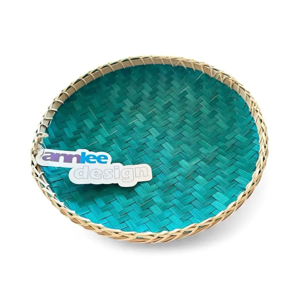 2 Ann Lee Design Round Bamboo Weave Serving Tray Teal 14