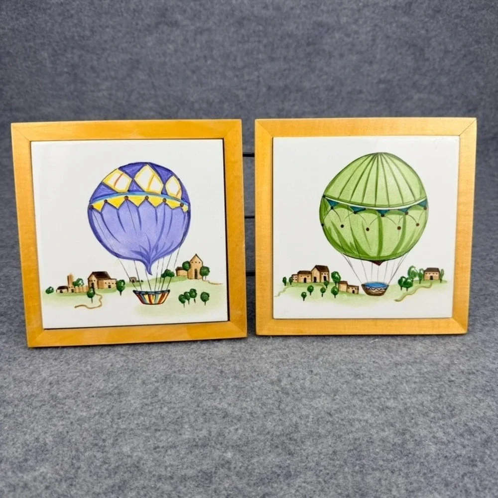 Set of 2 Framed Ceramic Tile Hot Air Balloon Wall Art Decor Green Purple 7x7