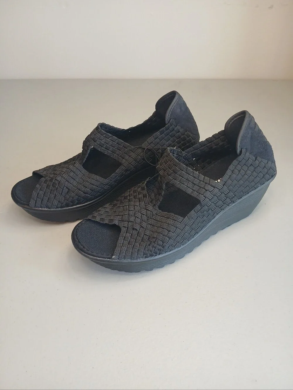 Black Woven Stretch Open Toe Cut Out Wedge Sandals 10M NWOT