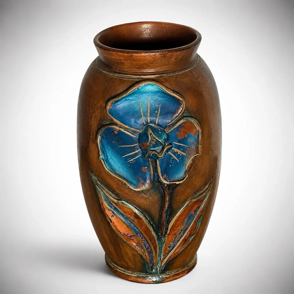 VTG Art Nouveau Style Pottery Vase Brown Glazed W/ Blue Flower Floral Relief  8