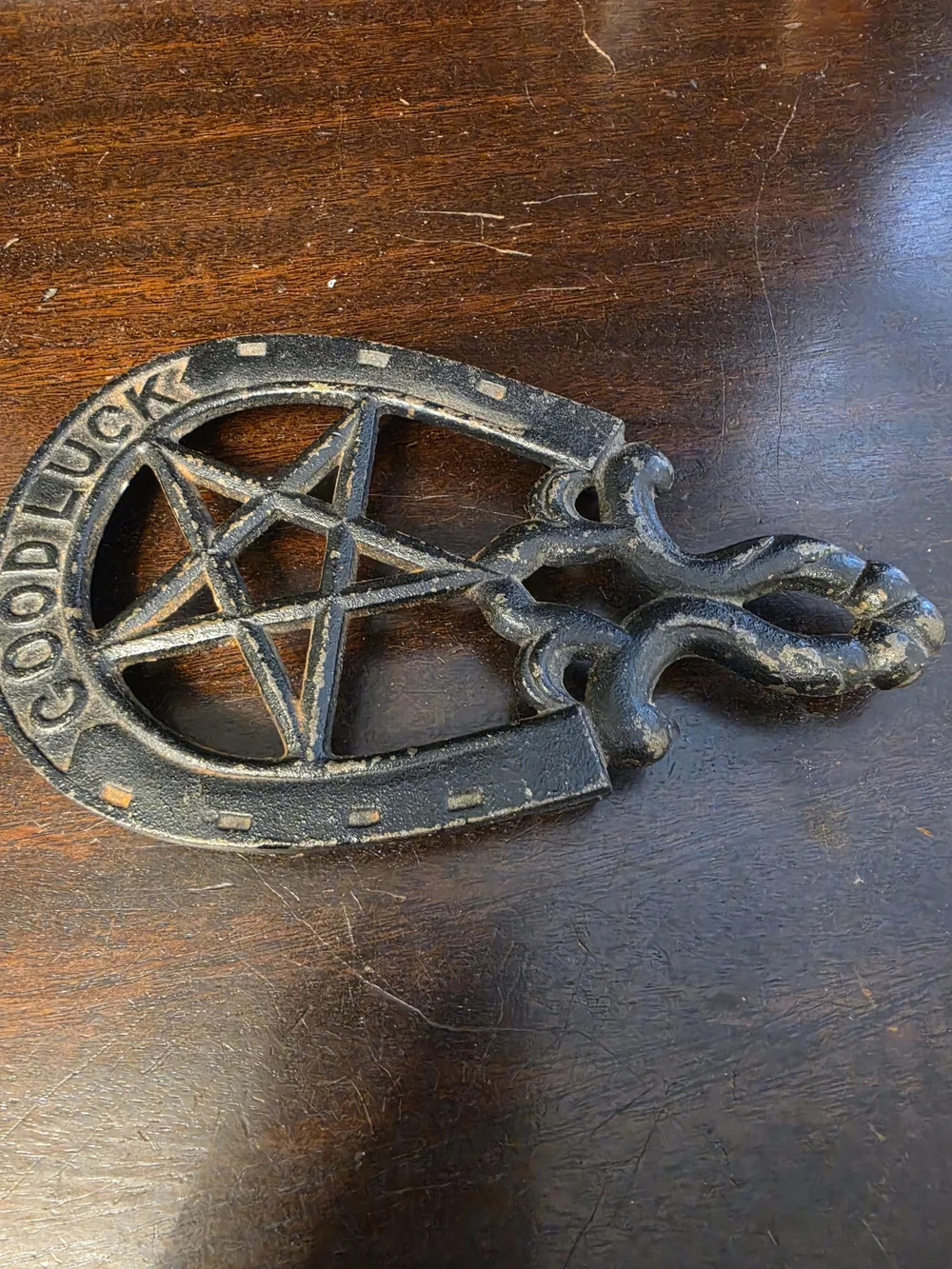 Good Luck Black Cast Iron Horseshoe Trivet With Pentagram