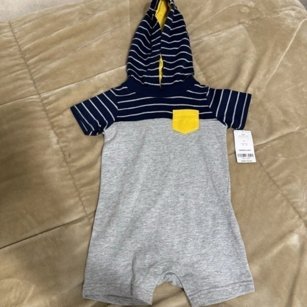 Carter's NWT Size 12 Months Multi-Color w/Stripes Short Sleeve Hooded One-Piece