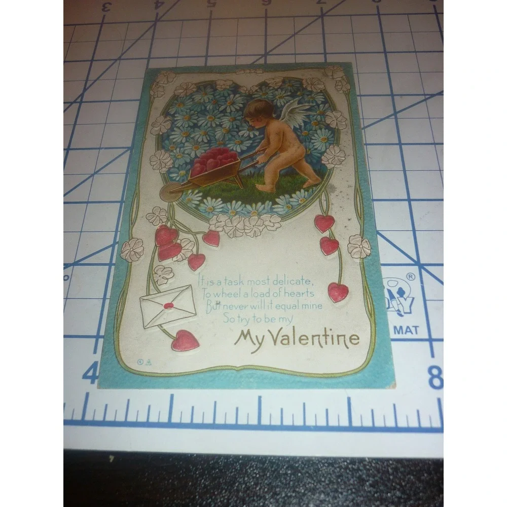 1915 Antique Valentine Postcard Cupid Cherub Wheelbarrow Embossed 1c Stamp