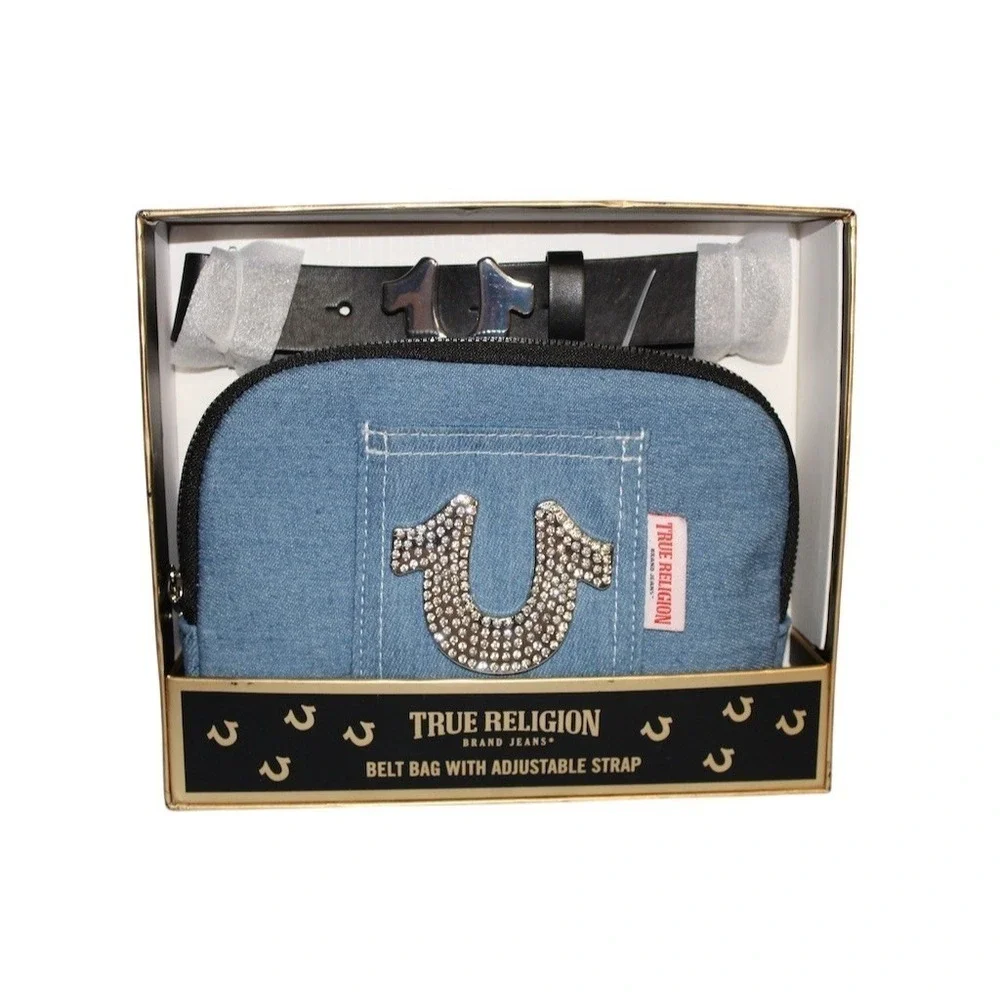 True Religion Belt Bag Fanny Pack Unisex Light‎ Blue Rhinestone Logo w/ Box