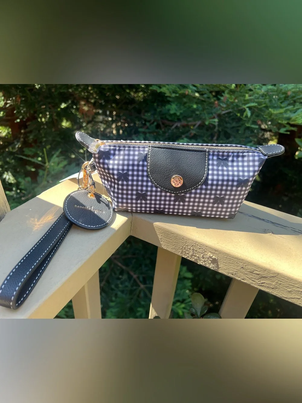 Nanette Lepore Gingham Bows Cosmetic Pouch Wristlet w/Mirror